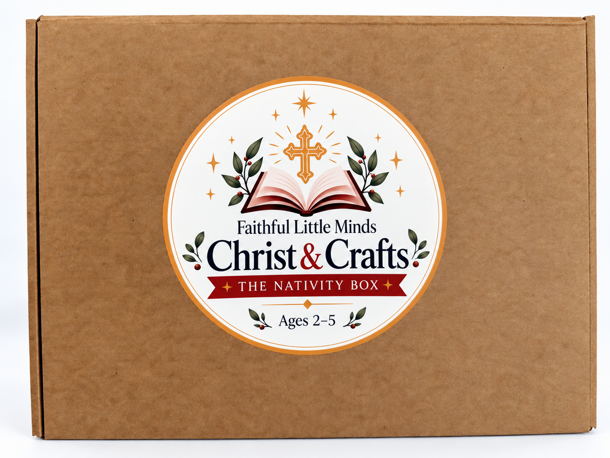 Closed kraft Christ & Crafts Nativity Activity Box with its original logo sticker