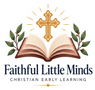 Faithful Little Minds — Christian Early Learning official logo with golden cross, open book and olive branches